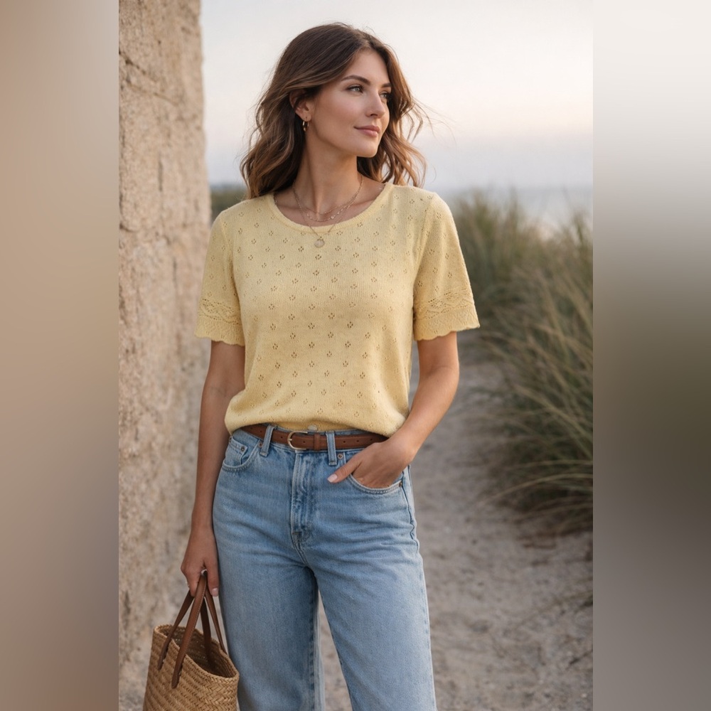 90s Butter Yellow Pointelle Sweater | Cottagecore Coastal Minimalist USA Made